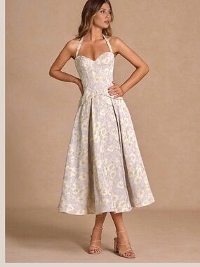 Azazie Lavender and Cream Floral Halter Midi Dress